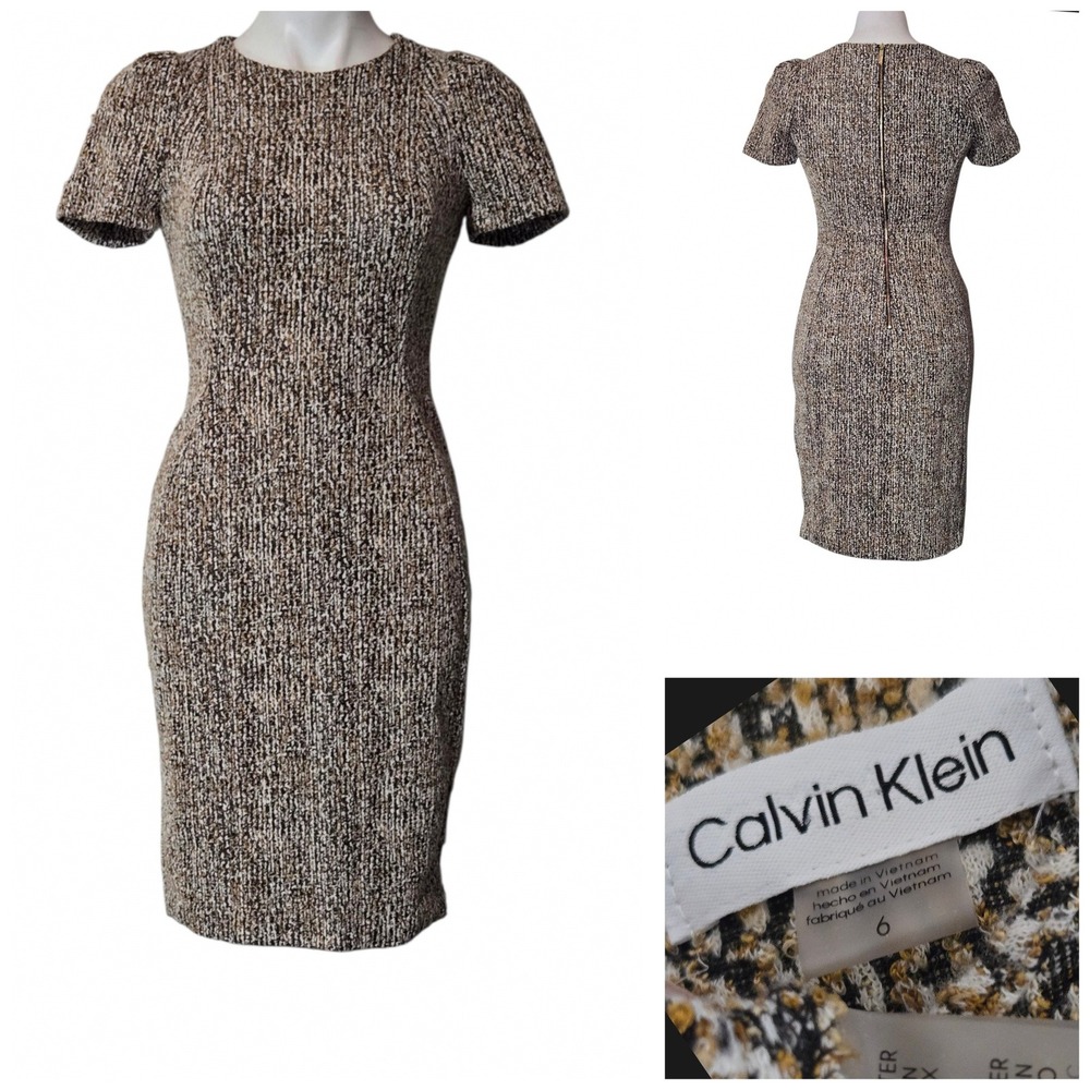 Calvin Klein Brown Textured Tweed Sheath Dress Short Sleeve Size 6